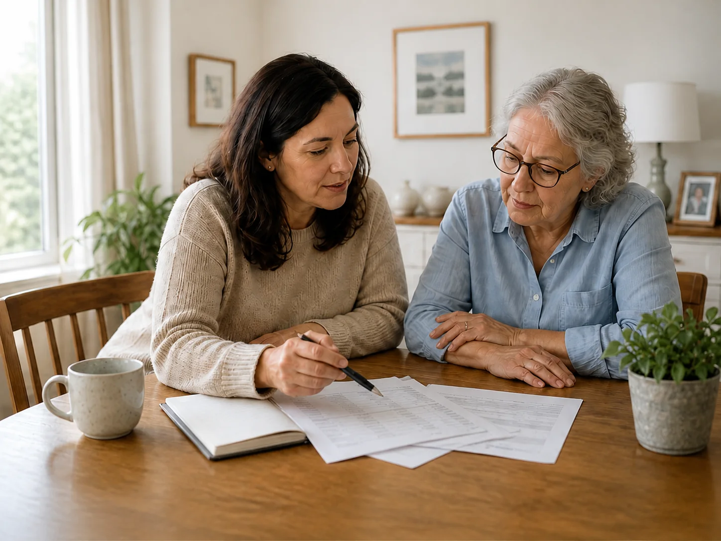 An adult daughter and her mother comparing assisted living cost notes together