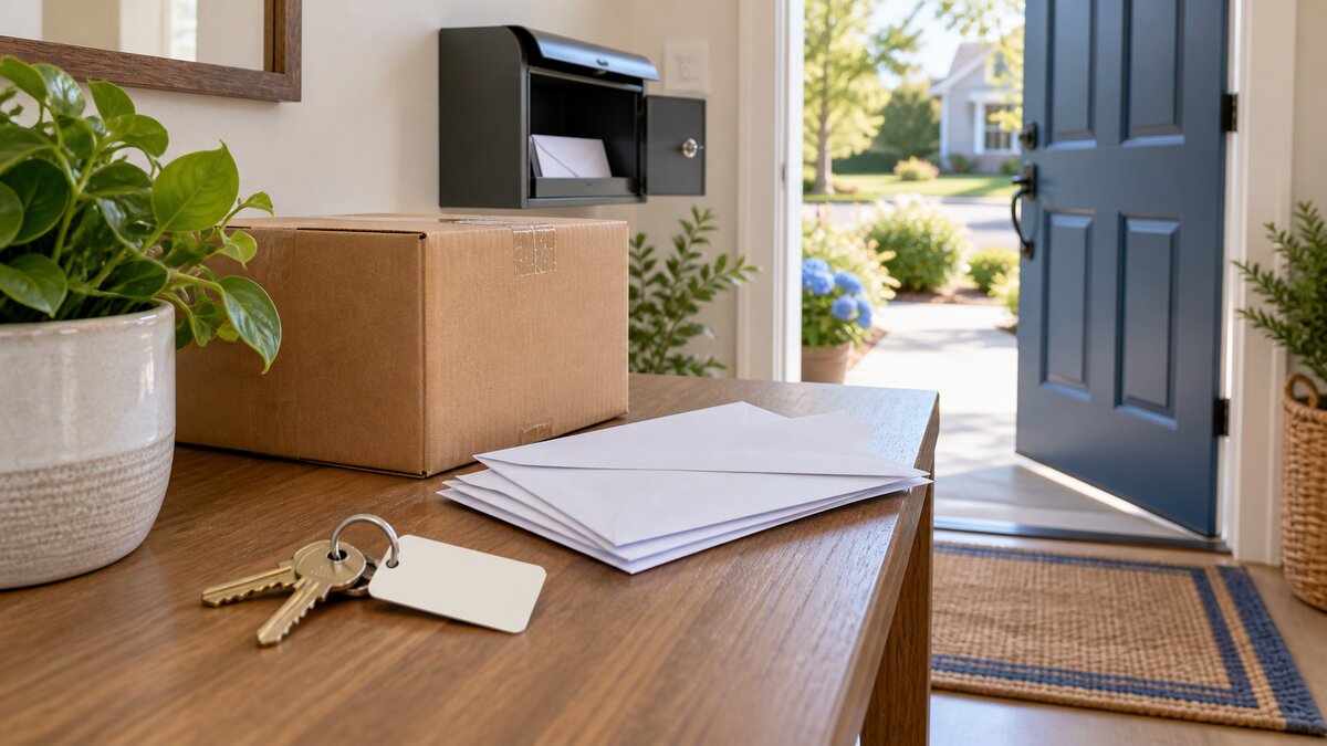 A new-home entry with a residential mailbox, house keys, a blank address tag, sealed moving box, and neatly arranged envelopes, with no people present.