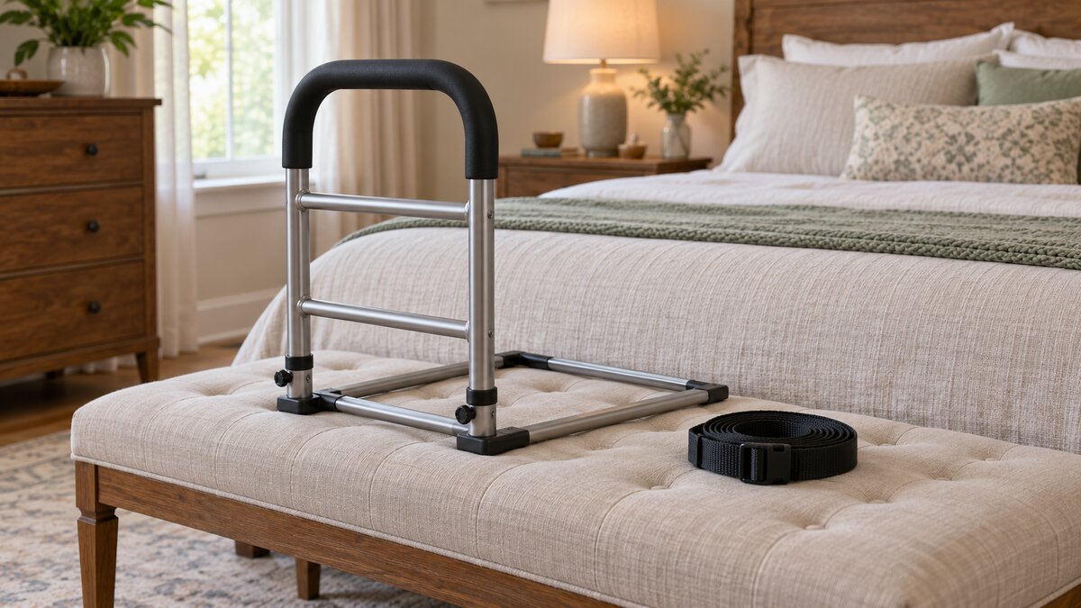 A detached adult portable bed rail with its strap coiled beside it on a padded bedroom bench, with an empty bed in the background.
