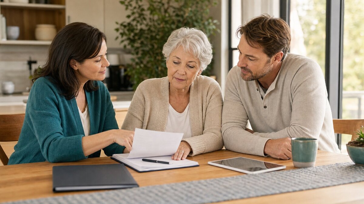 Older adult reviewing advance care planning documents with adult family members at a kitchen table