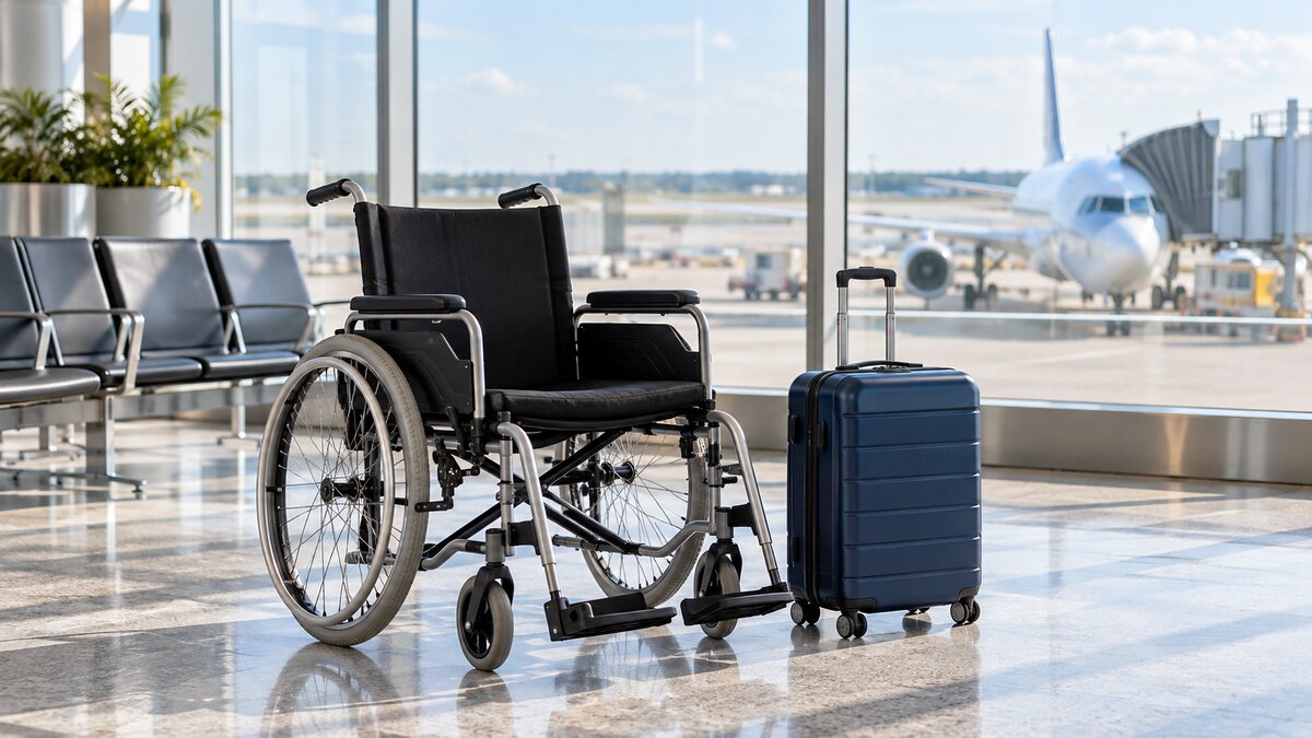 An unoccupied manual wheelchair beside a compact carry-on suitcase in a bright airport gate area, with an unbranded aircraft visible through the windows.