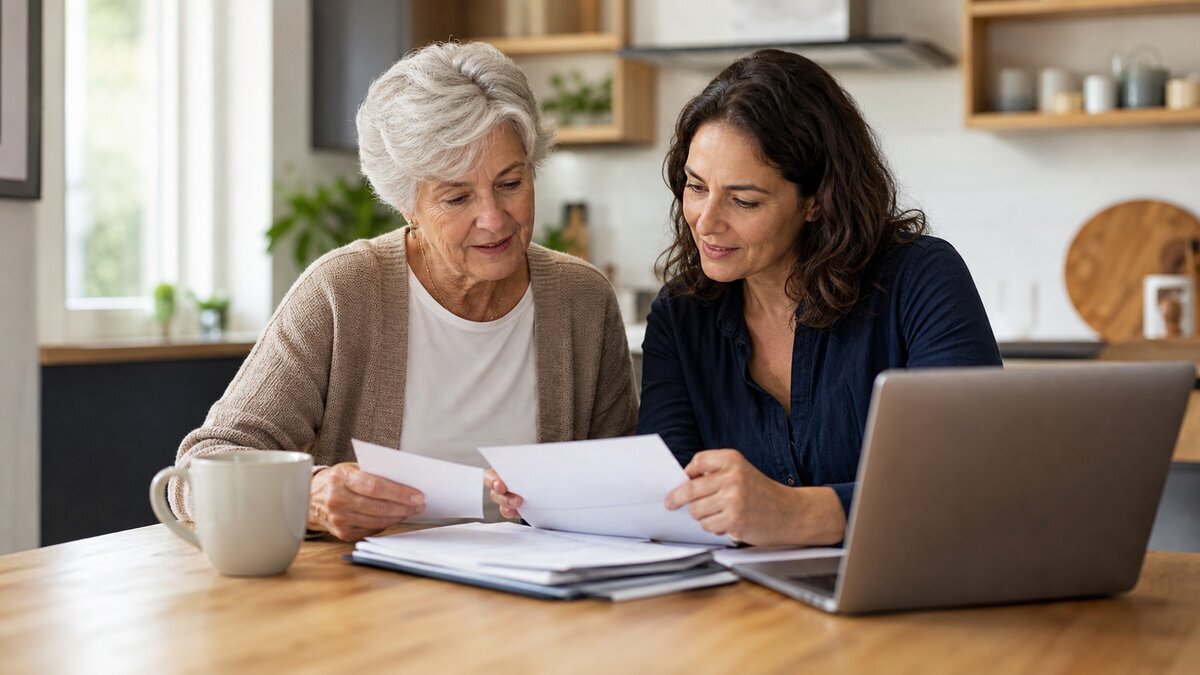 Adult child and older parent reviewing caregiving payment paperwork at a kitchen table
