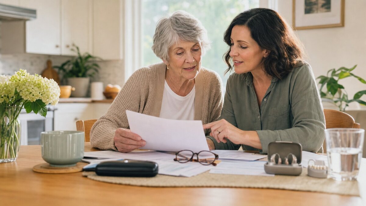 Older adult and adult child reviewing dental, vision, and hearing benefit paperwork at a kitchen table