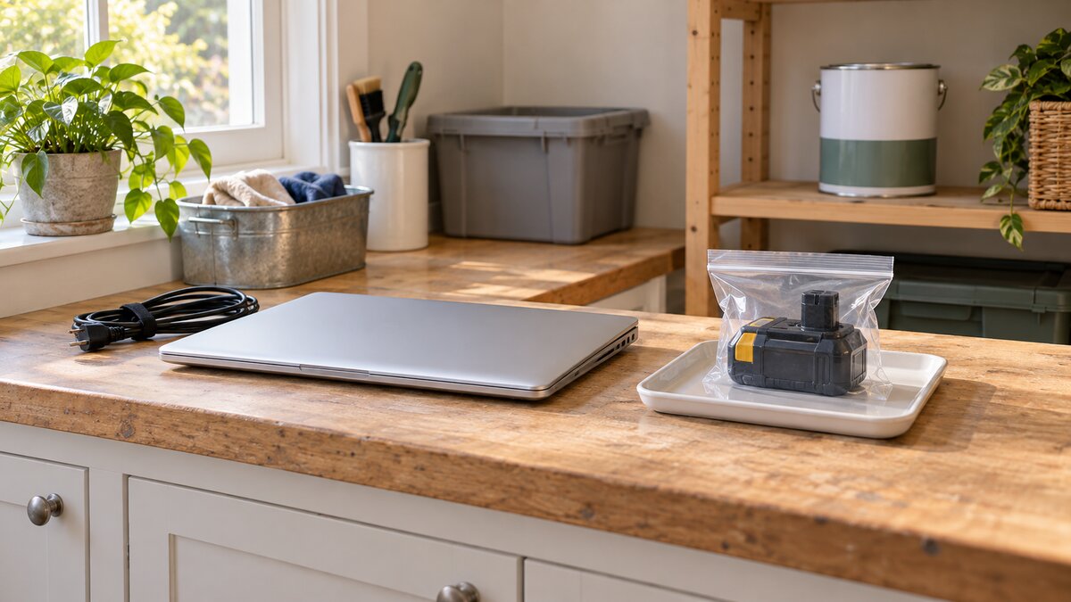 A closed laptop and coiled cable on a utility bench beside a separately bagged tool battery, with a sealed paint can on a shelf behind them.