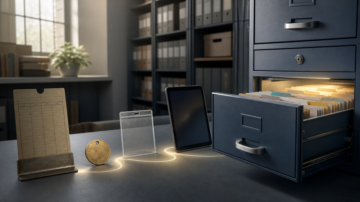 A time-card holder, empty ID sleeve, and tablet connected by a glowing path to an organized secure file drawer.