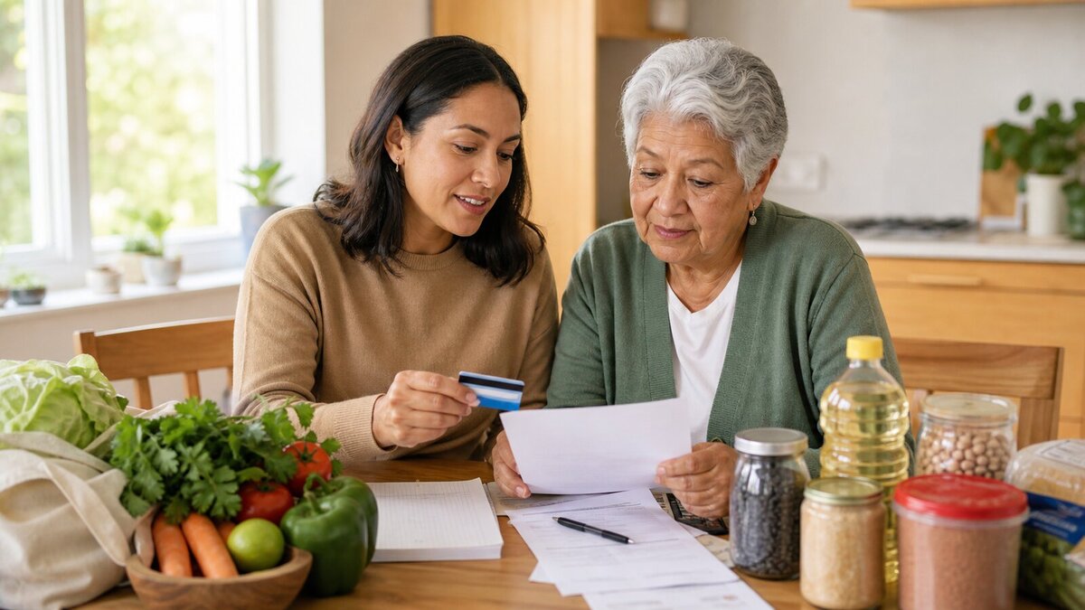 Older adult and adult child organizing food benefit paperwork with fresh groceries at a kitchen table.