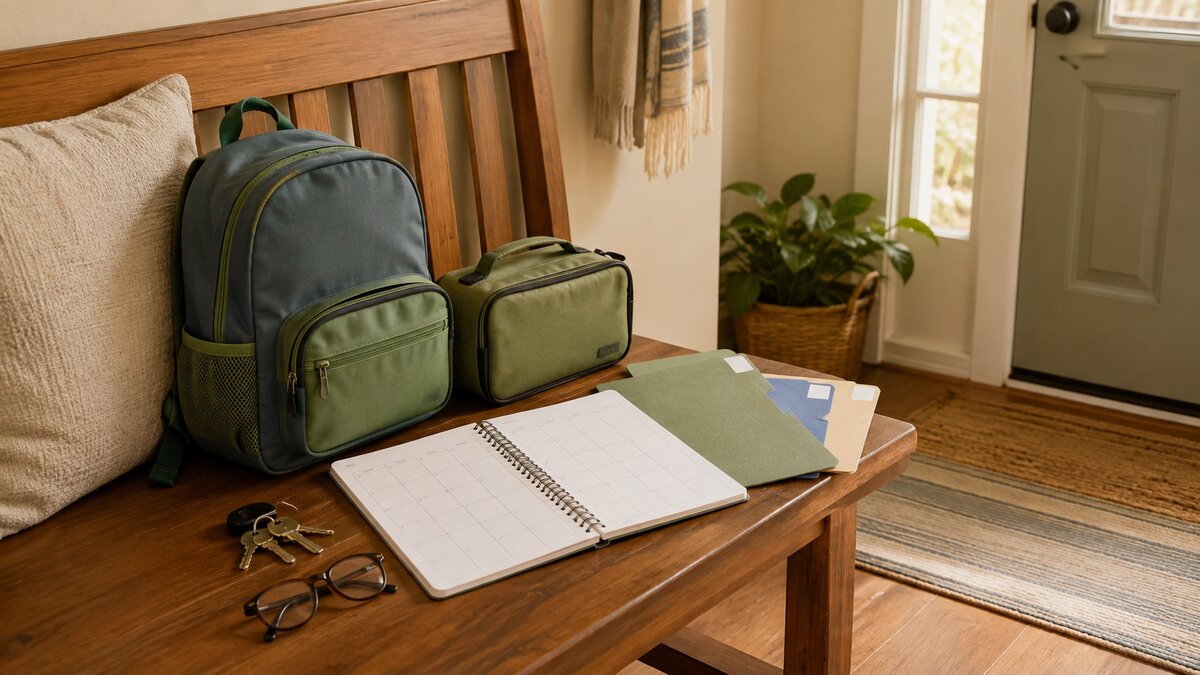 A child's backpack beside a lunchbox, house keys, a blank family calendar, and organized folders on a welcoming entryway bench, with no people present.
