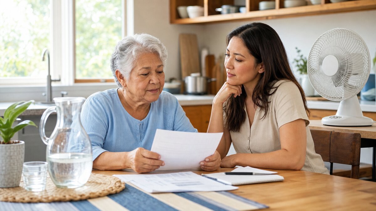 Older adult and adult daughter calmly reviewing a summer cooling plan at a kitchen table with water and a fan nearby