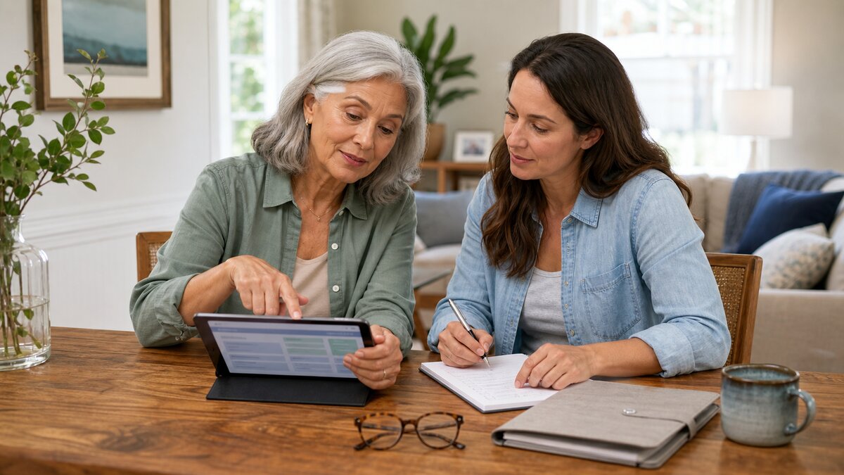 Older woman and adult daughter reviewing patient-portal access on a tablet and a permission checklist at home.
