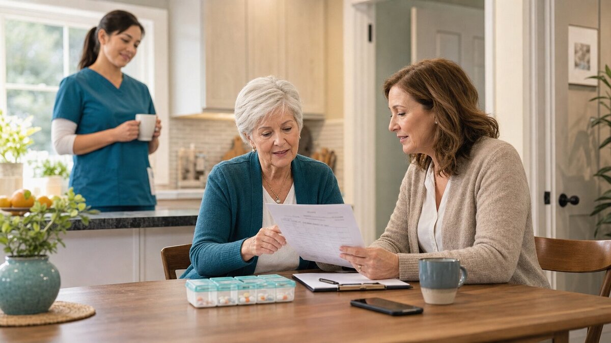 Older adult and family caregiver reviewing a home care schedule while a home care aide stands nearby in a kitchen