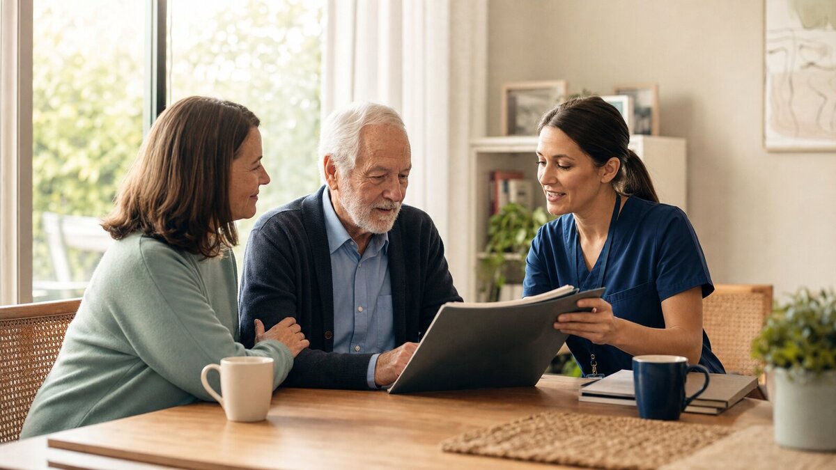 Older adult, adult child, and health care professional reviewing hospice and palliative care planning documents at home