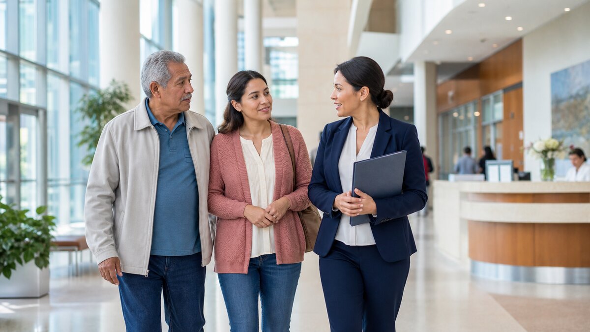 Older man and adult daughter walking with a patient financial counselor through a bright hospital atrium.