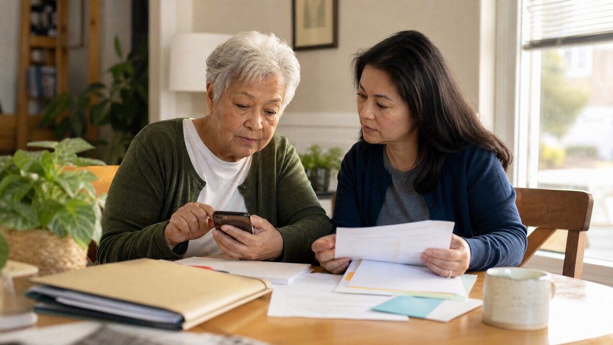 Older adult and adult child reviewing phone and internet support paperwork at a dining table.