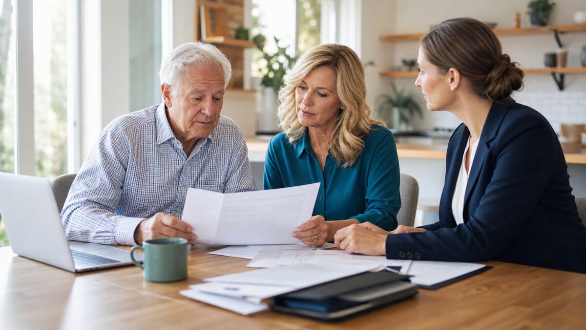 Older adult and adult child reviewing long-term care insurance claim documents with a professional adviser at a kitchen table
