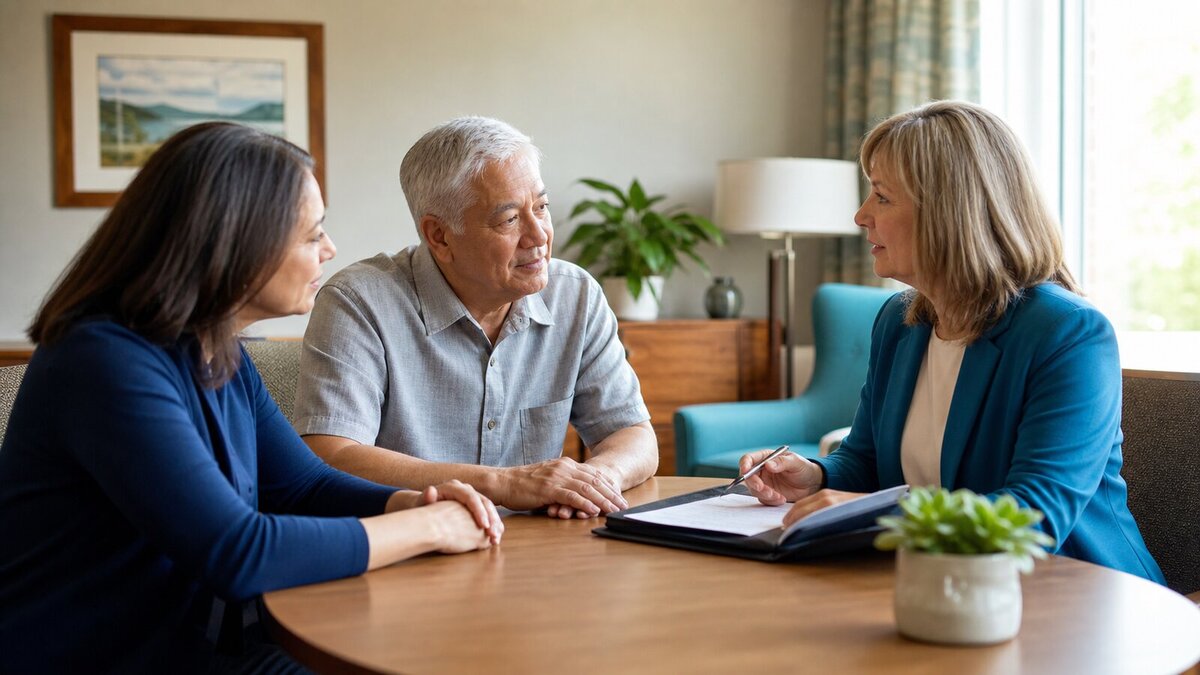 Older adult and family caregiver speaking with a long-term care advocate in a quiet consultation room