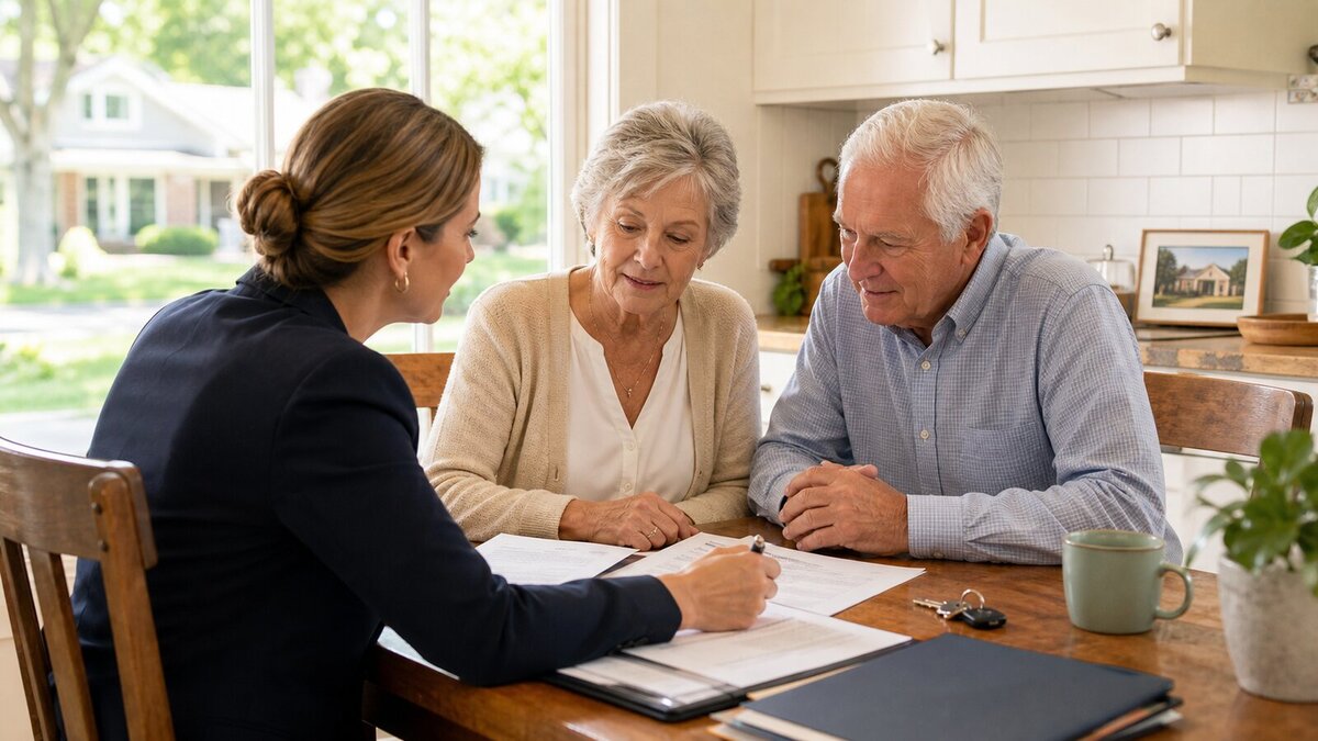 Older couple reviewing Medicaid estate recovery and home planning documents with a professional adviser at a kitchen table