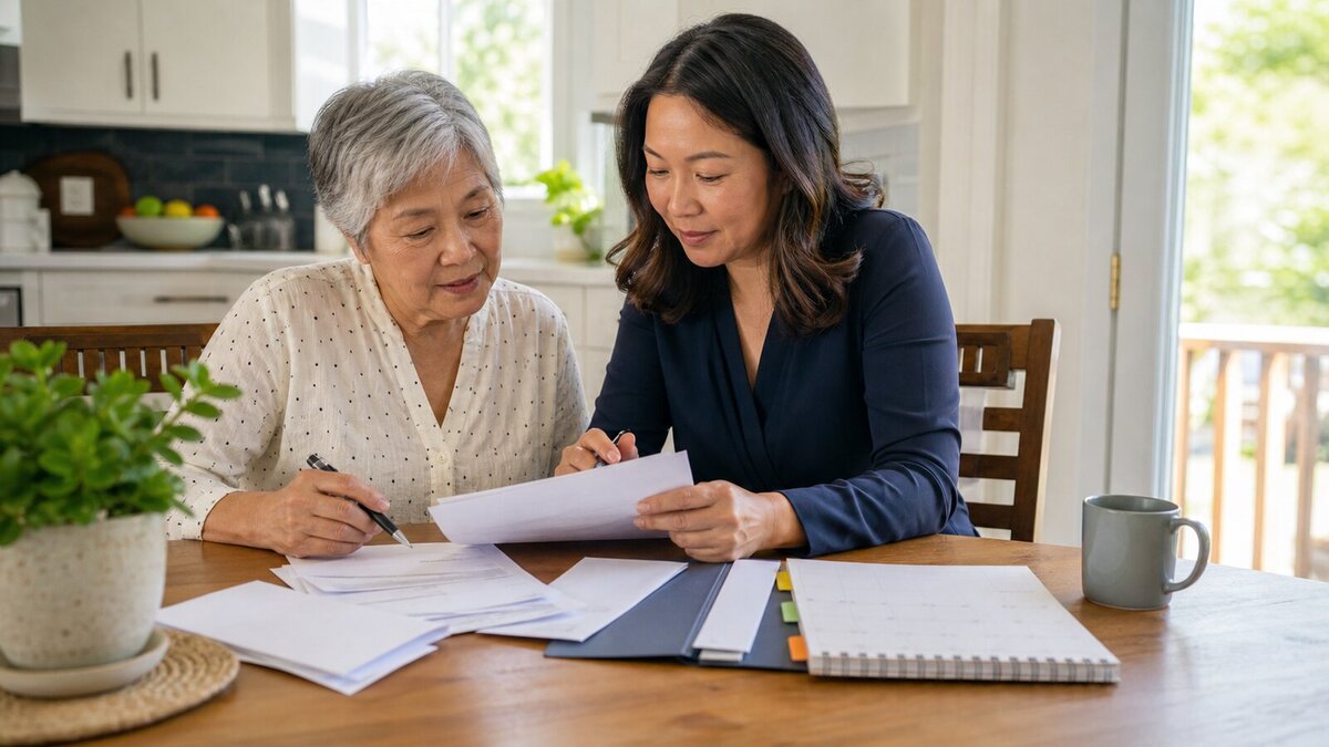 Older adult and adult child organizing Medicaid renewal paperwork at a kitchen table.