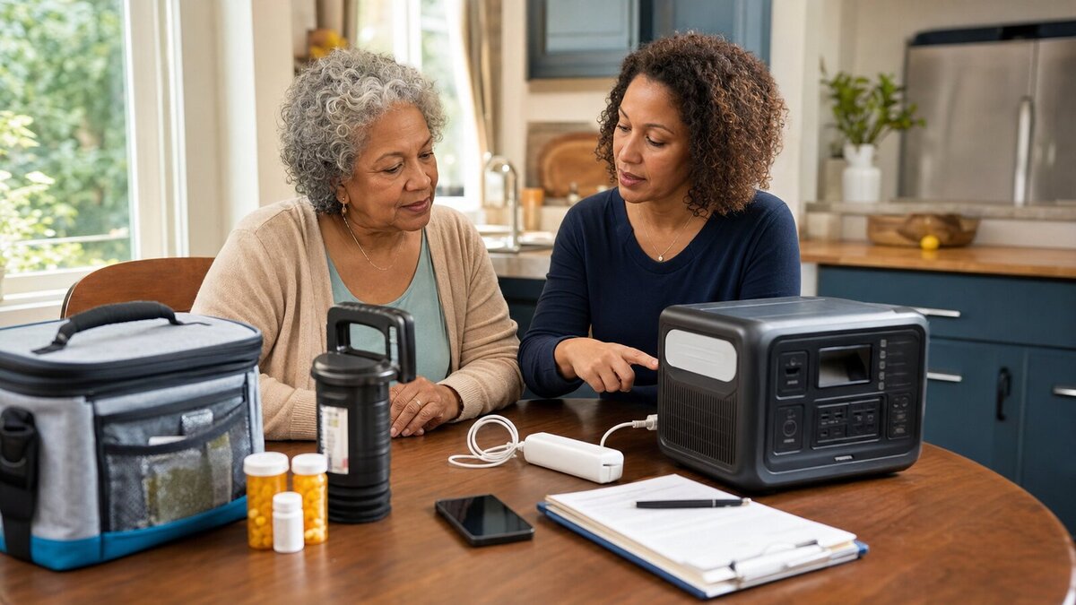 Older adult and family caregiver reviewing a home power outage plan with a portable battery, flashlight, medication cooler, and phone charger on a kitchen table