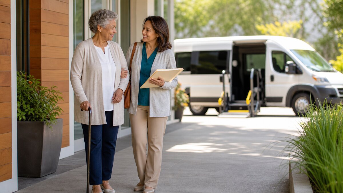 Older adult with a cane and adult caregiver reviewing appointment papers beside an accessible transportation van