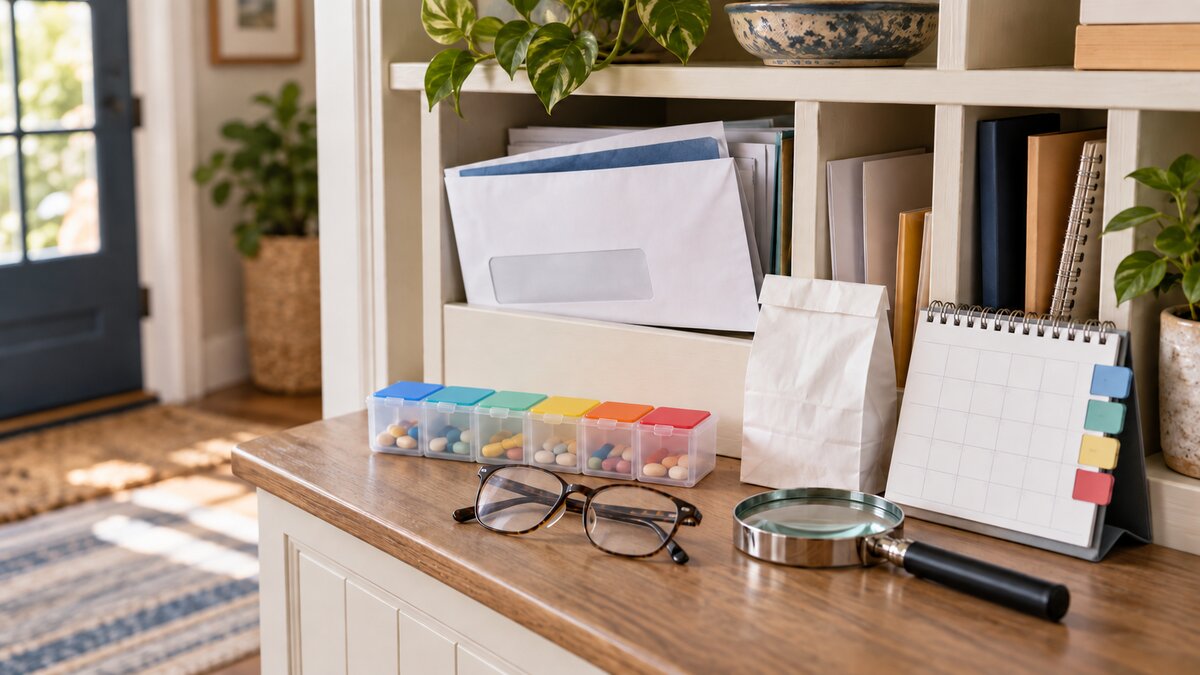 A bright mail-sorting shelf with an unbranded health-plan envelope, pill organizer, reading glasses, pharmacy bag, and calendar tabs, with no people present.