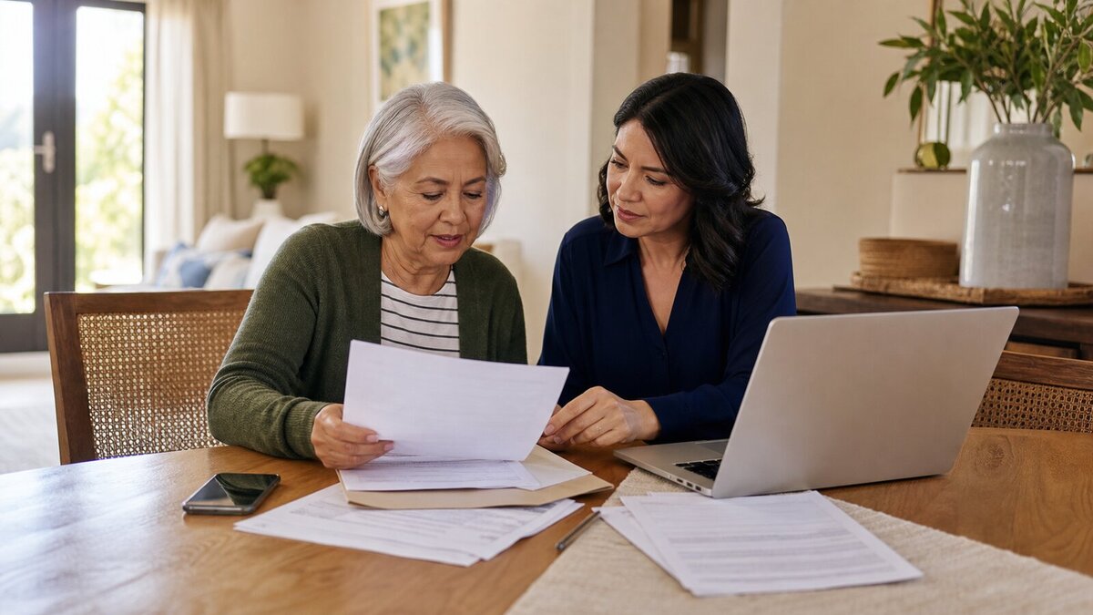 Older adult and adult child reviewing Medicare paperwork at a home dining table
