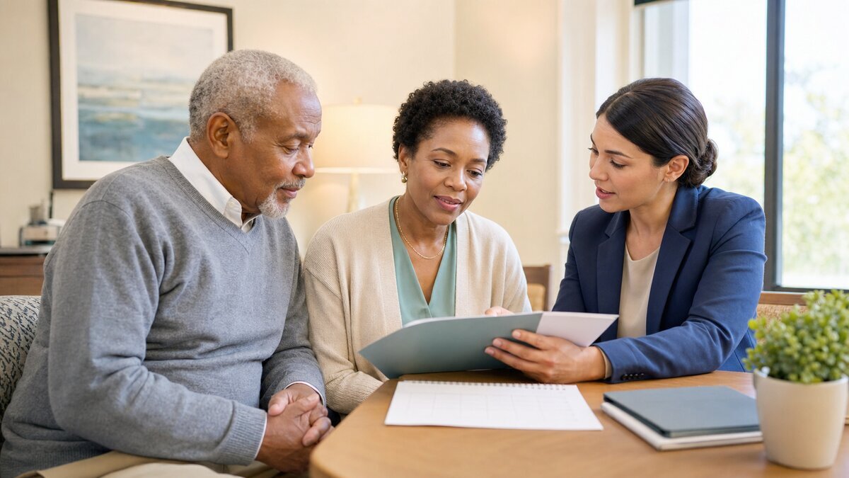 An older adult and an adult child reviewing hospital discharge planning papers with a professional adviser