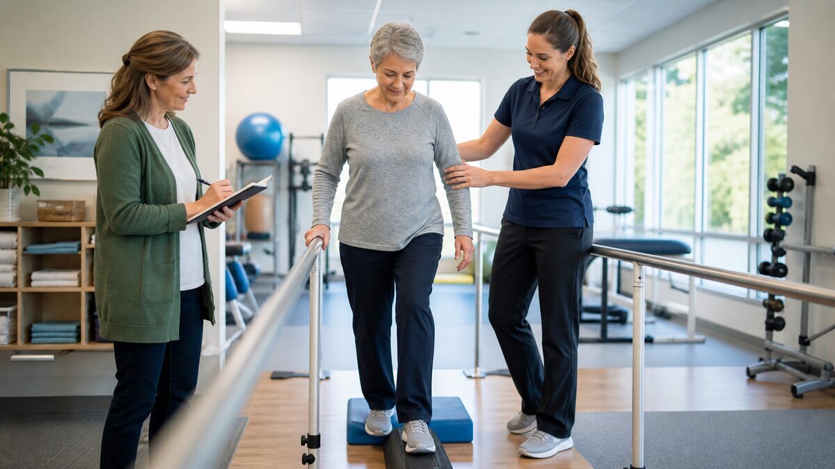 Older adult practicing balance with a physical therapist while an adult child takes notes in a bright outpatient therapy clinic