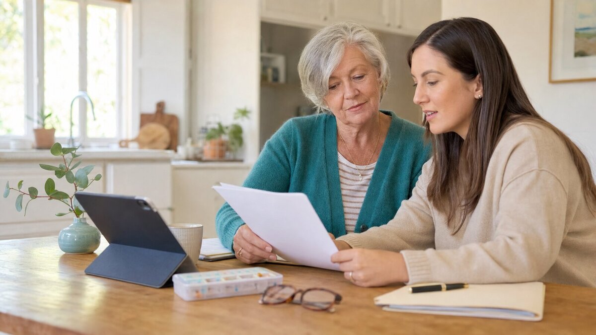 Older adult and adult daughter reviewing Medicare cost assistance paperwork together at a kitchen table