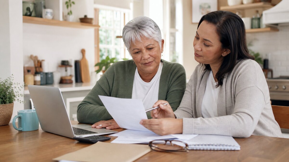 Older adult and adult child reviewing Medicare paperwork together at a kitchen table.