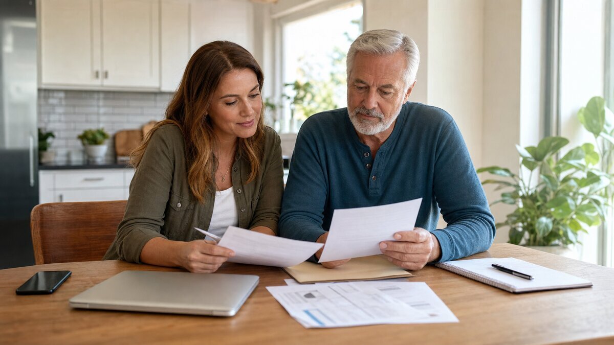 An older adult and adult child calmly reviewing financial papers together at a kitchen table.