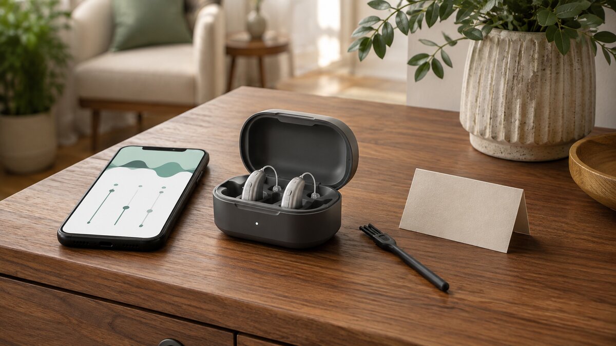 A pair of over-the-counter hearing aids in an open charging case beside a smartphone with adjustment sliders and a cleaning brush, with no people present.