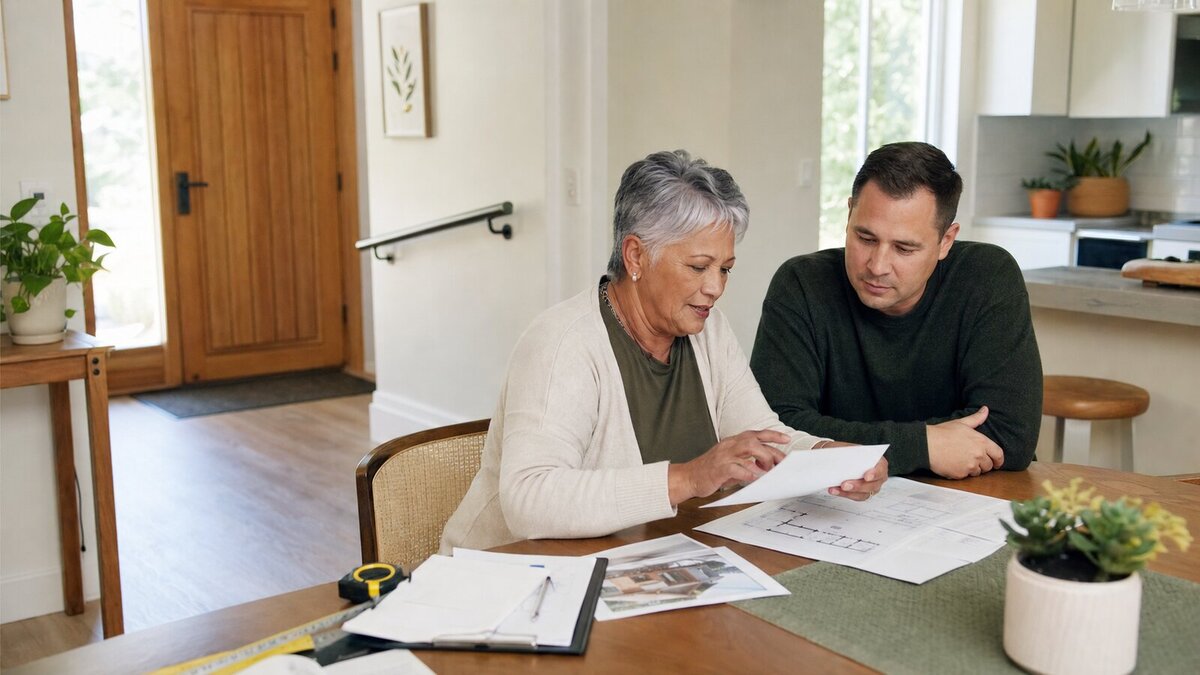 Older adult and adult child reviewing home modification estimates in a bright accessible entryway.