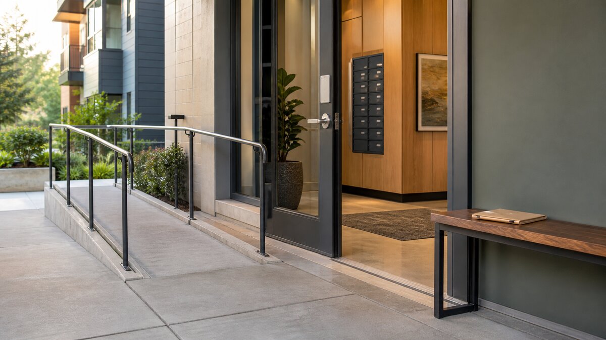 An accessible apartment entry with a low-profile ramp, lever handle, automatic door opener, bench, and blank request folder, with no people present.