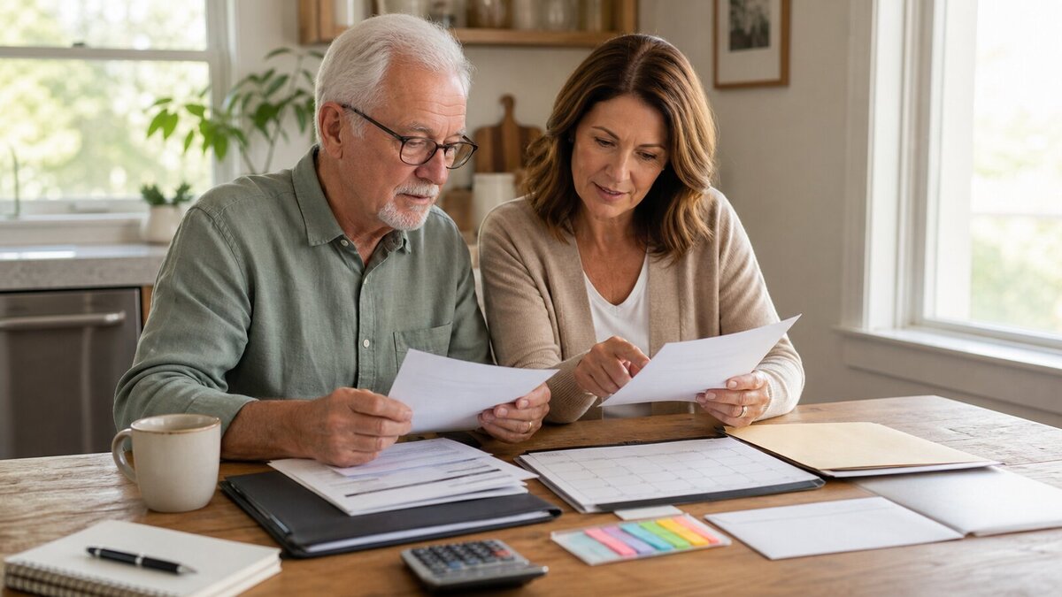 Older adult and adult child organizing retirement account paperwork at a kitchen table