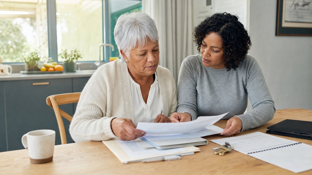 Older adult and adult child reviewing senior housing paperwork at a kitchen table