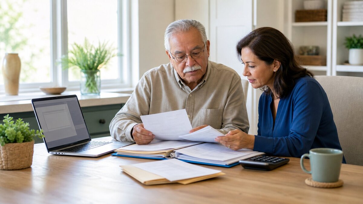 Older homeowner and adult child reviewing property tax relief paperwork at a dining table