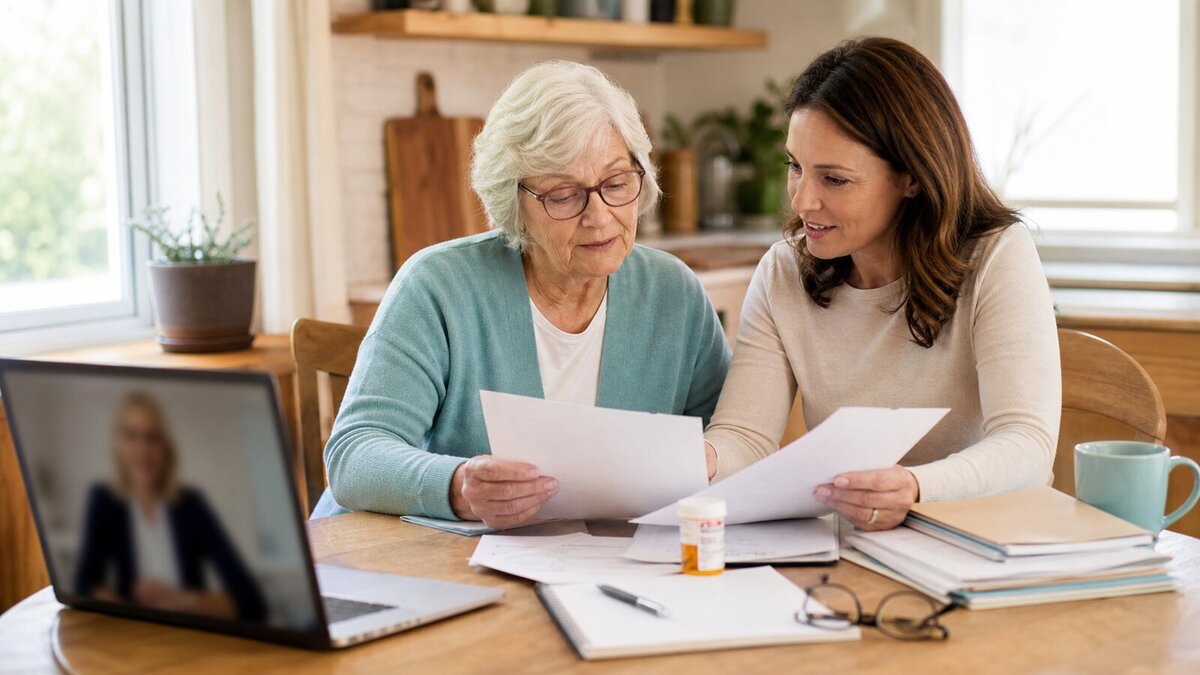 Older adult and adult child reviewing Medicare papers at a kitchen table during a video counseling call.