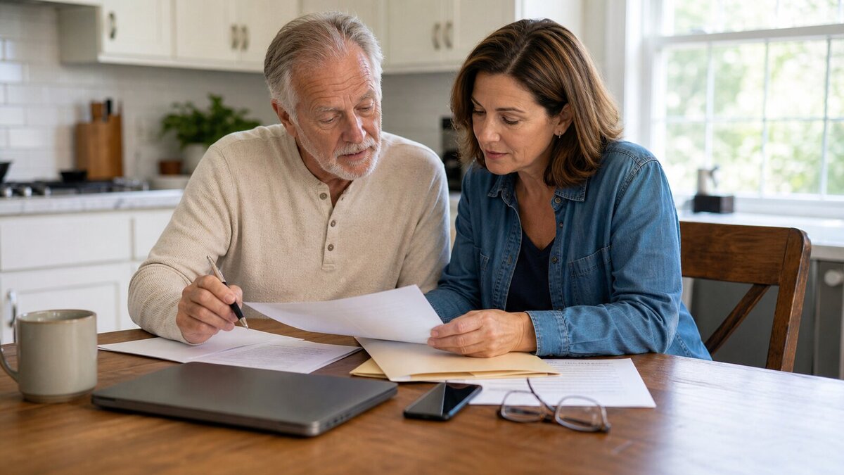 Older adult and adult child reviewing Social Security paperwork together at a kitchen table