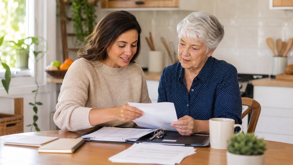 Older adult and family member reviewing Social Security benefit paperwork together at a kitchen table