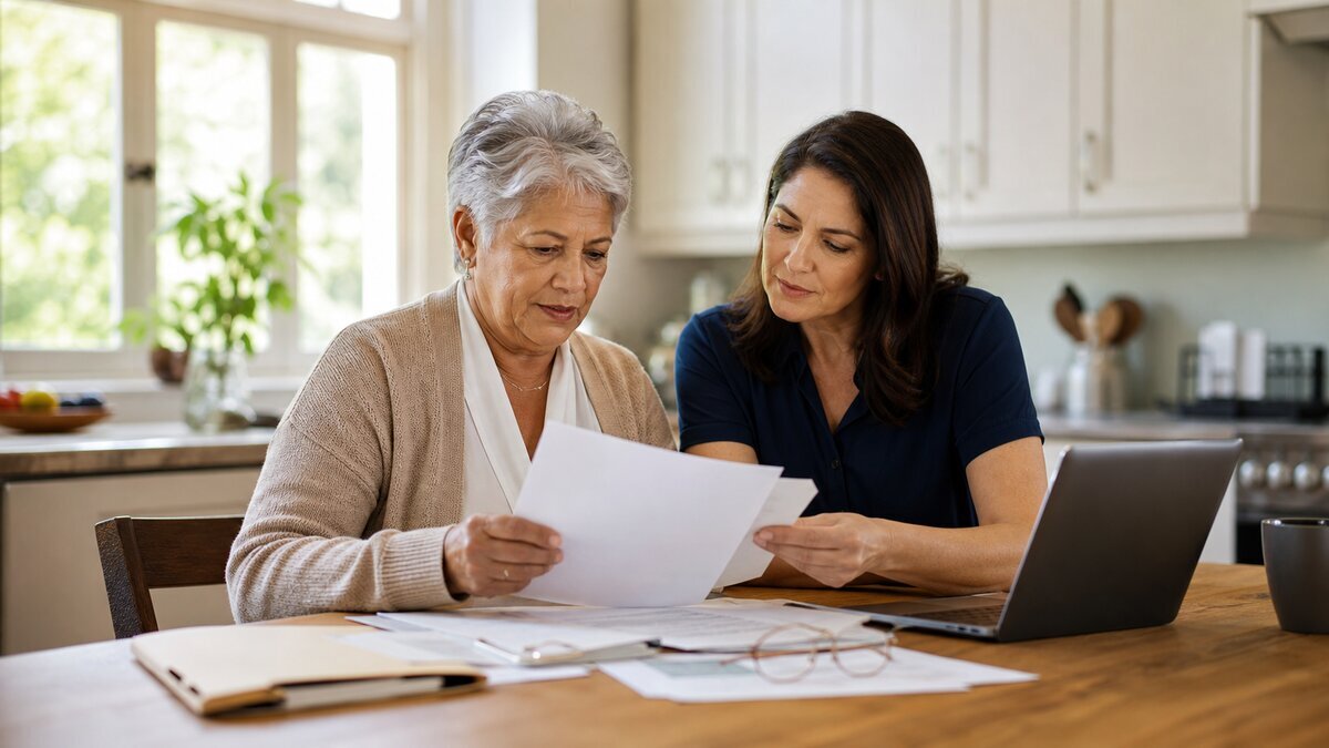 Older adult and adult daughter reviewing Social Security survivor benefit paperwork at a kitchen table.