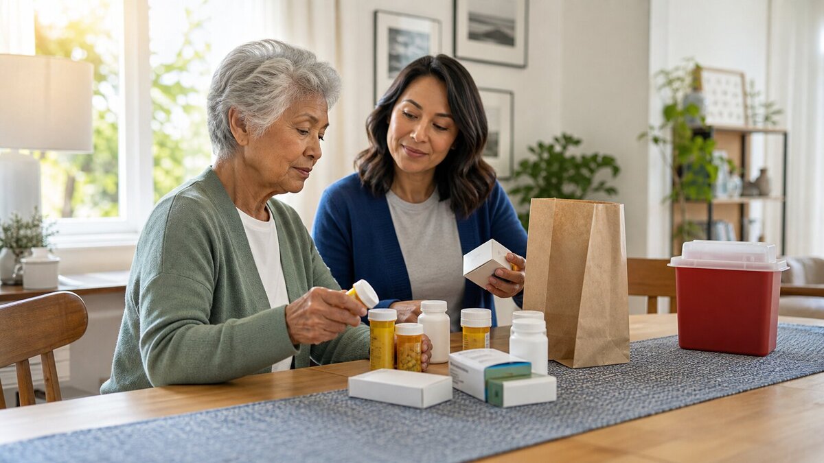 Older adult and adult daughter organizing unused medications for safe pharmacy take-back