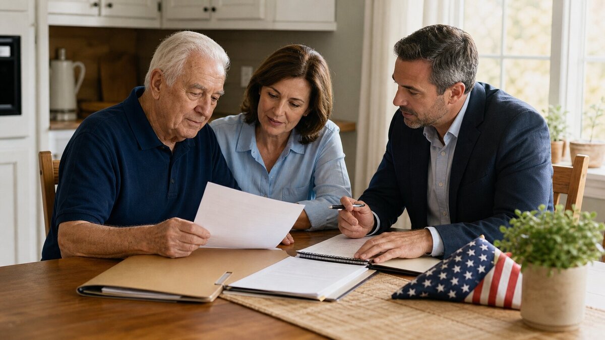 Older veteran and adult child reviewing VA Aid and Attendance benefit paperwork with a professional adviser at a kitchen table