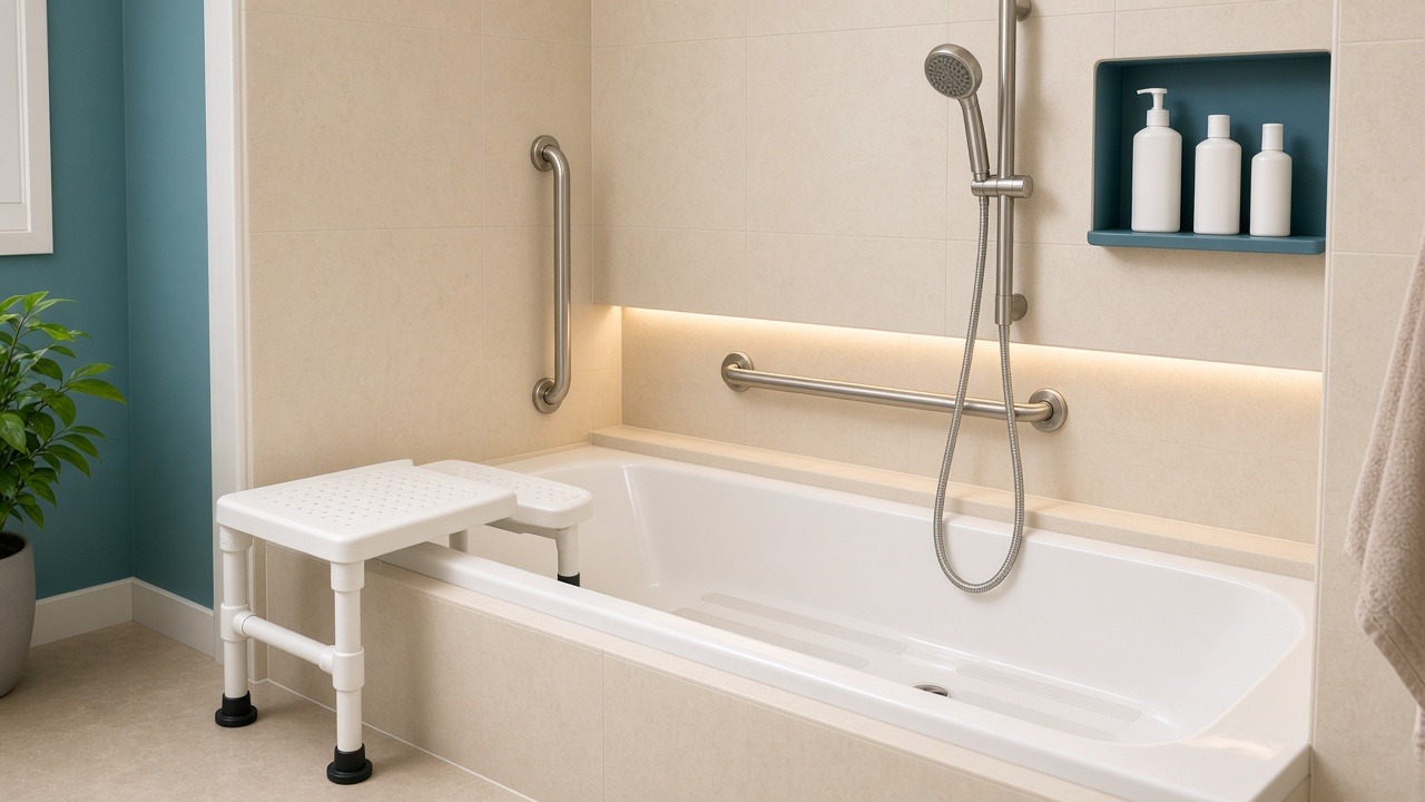Grab bars, a seat, and a handheld shower head let your parent wash sitting down and get in and out with support.