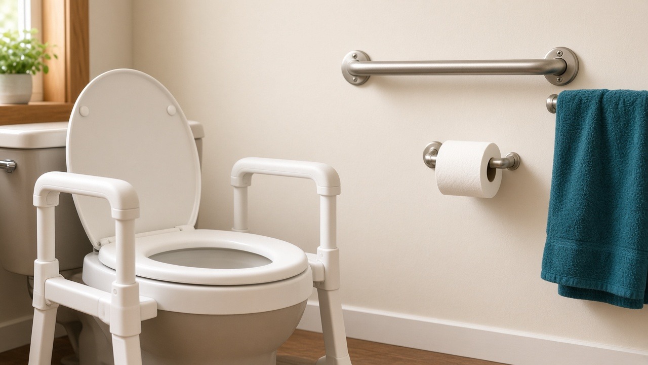 Support at the toilet should help your parent sit and stand without grabbing the sink or a towel bar.