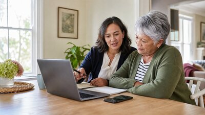 An older adult and an adult child reviewing local aging services together at a kitchen table with a laptop and notebook