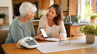 Older adult and adult child reviewing phone communication options at a kitchen table.