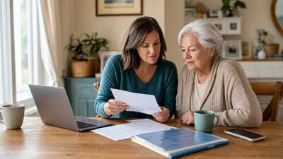 Adult child and older parent reviewing caregiver leave paperwork at a kitchen table with a laptop and calendar