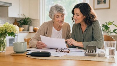 Older adult and adult child reviewing dental, vision, and hearing benefit paperwork at a kitchen table