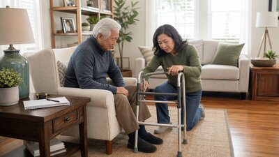 Adult child helping an older adult adjust a walker in a bright living room