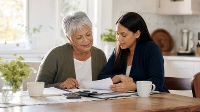 Older adult and adult daughter calmly reviewing funeral cost paperwork at a kitchen table.